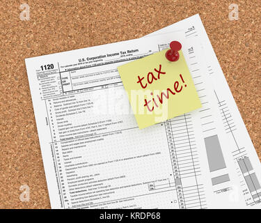 note with tax time text and 1120 tax form pinned to pin board Stock Photo