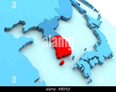 South Korea in red on blue globe Stock Photo