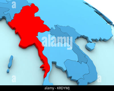 Myanmar in red on blue globe Stock Photo