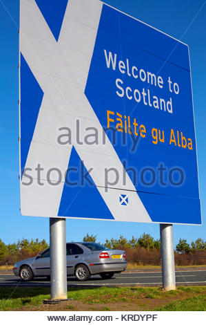 Welcome to Scotland sign on the verge of the A1 dual carriageway, on the Scottish/English border Stock Photo