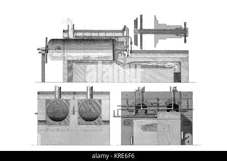 Drawing of a machine or apparatus for producing paper pulp from straw, industrial product from the year 1880, digital improved reproduction of a woodc Stock Photo