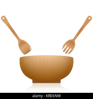 Salad servers and bowl - wooden set with blanked out hearts on the handles. Illustration on white background. Stock Photo