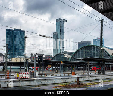 Frankfurt Main railway station,Hauptbahnhof,central station buildings, platforms &  Westend Tower High-rise building, Stock Photo