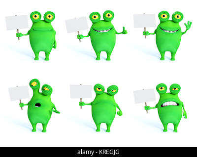 3D rendering collection of charming green monsters with blank signs. Stock Photo