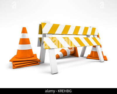 Construction Rendering Sign 3d rendering under construction sign with road block on white ...