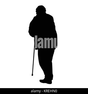 Old man silhouette with stick on white background, vector illustration Stock Vector