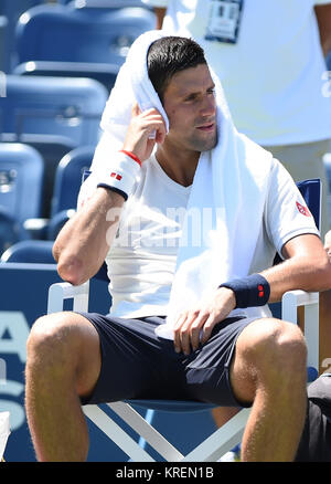 NEW YORK, NY - AUGUST 24: Novak Djokovic is sighted practicing on Arthur Ashe Stadium court at the USTA Billie Jean King National Tennis Center on August 24, 2014 in the Queens borough of New York City.   People:  Novak Djokovic Stock Photo