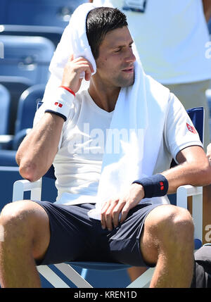 NEW YORK, NY - AUGUST 24: Novak Djokovic is sighted practicing on Arthur Ashe Stadium court at the USTA Billie Jean King National Tennis Center on August 24, 2014 in the Queens borough of New York City.   People:  Novak Djokovic Stock Photo