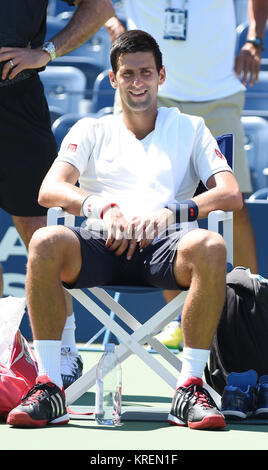 NEW YORK, NY - AUGUST 24: Novak Djokovic is sighted practicing on Arthur Ashe Stadium court at the USTA Billie Jean King National Tennis Center on August 24, 2014 in the Queens borough of New York City.   People:  Novak Djokovic Stock Photo