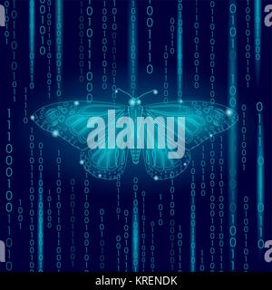 Technology nature concept. Binary code butterfly life ecology innovation inspiration computer digital abstract geometric glowing blue vector illustrat Stock Vector