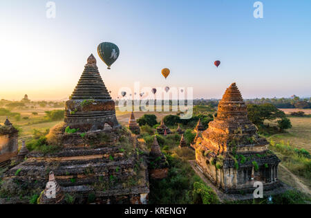 Royalty high quality free stock image aerial view of Hot air balloon over plain of Bagan in misty morning, Myanmar Stock Photo