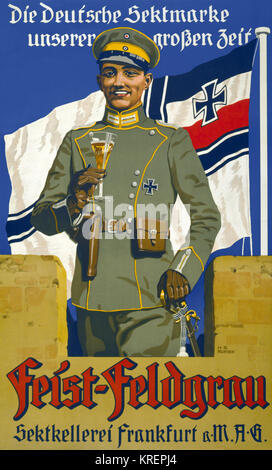 'Feist-Feldgrau, Sektkellerei Frankfurt a.M. A.G. / H.R., M?nchen (Munich).  Poster shows a German Army officer holding a glass of sekt (champagne) with the name Feist Sekt on it. Poster is an advertisement for the Feist Sektkellerei, Frankfurt am Main.' Stock Photo
