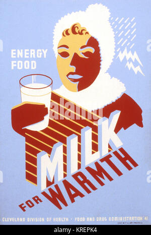 'WPA Poster for Cleveland (Ohio) Division of Health promoting milk, showing a woman wearing winter clothing holding a glass of milk.  ' Stock Photo