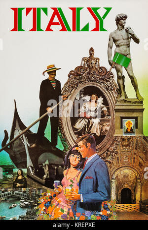 'During the heyday of airline travel of the 1950's and 1960's, a series of travel posters were issued to entice travelers to exotic destinations.  This is one a series of posters from a now defunct airline.  Italy has a collage of images of art and tourist locations.' Stock Photo
