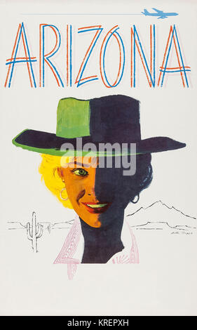 'During the heyday of airline travel of the 1950's and 1960's, a series of travel posters were issued to entice travelers to exotic destinations.  This is one a series of posters from a now defunct airline.  Illustrator Austin Briggs offers a welcoming image meant to entice travelers to visit Arizona.' Stock Photo