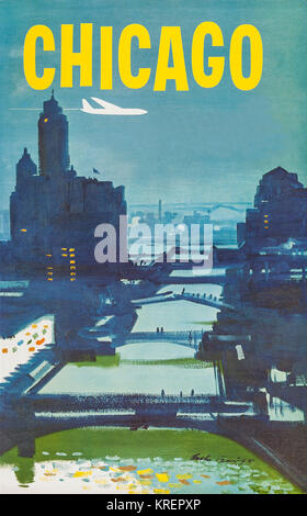 'During the heyday of airline travel of the 1950's and 1960's, a series of travel posters were issued to entice travelers to exotic destinations.  This is one a series of posters from a now defunct airline.  Illustrator Austin Briggs created this wonderful impressionistic view of the Chicago River, and surrounding skyline.' Stock Photo