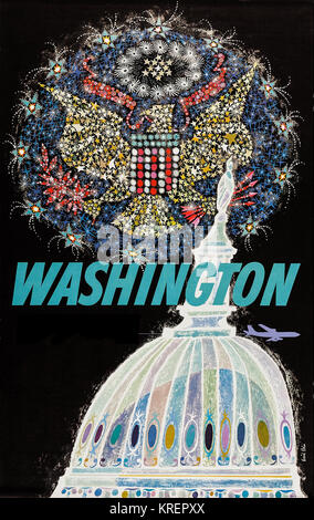 'During the heyday of airline travel of the 1950's and 1960's, a series of travel posters were issued to entice travelers to exotic destinations.  This is one a series of posters from a now defunct airline.  Fantastic artwork by David Klein, featuring a firework image of the eagle from the Nation's Great Seal, hovering above the United States Capitol Building in Washington, D.C..' Stock Photo
