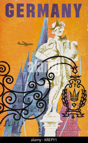 'During the heyday of airline travel of the 1950's and 1960's, a series of travel posters were issued to entice travelers to exotic destinations.  This is one a series of posters from a now defunct airline.  David Klein, the artist who did this great poster depicting the fabled Goose man of Nuremberg is best remembered for the travel advertisements he created for Howard Hughes and Trans World Airlines during the 1950s and 60s.' Stock Photo