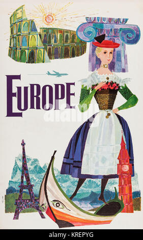'During the heyday of airline travel of the 1950's and 1960's, a series of travel posters were issued to entice travelers to exotic destinations.  This is one a series of posters from a now defunct airline.  Artist David Klein provides the gorgeous artwork inviting travelers to visit Europe.' Stock Photo