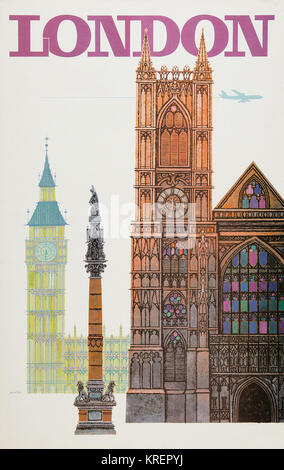 'During the heyday of airline travel of the 1950's and 1960's, a series of travel posters were issued to entice travelers to exotic destinations.  This is one a series of posters from a now defunct airline.  This poster features a fantastic design by artist David Klein of a jet passing over London' Stock Photo