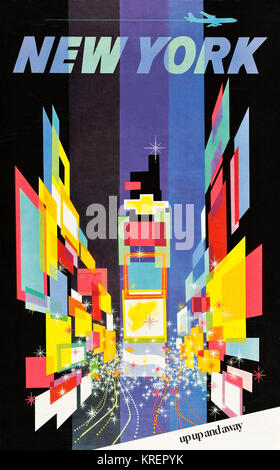 'During the heyday of airline travel of the 1950's and 1960's, a series of travel posters were issued to entice travelers to exotic destinations.  This is one a series of posters from a now defunct airline. In this fine example of Klein's work, the Big Apple twinkles and shines brightly with pops of neon colors as a passenger jet glides past.  Art by illustrator David Klein (1918-2005)' Stock Photo
