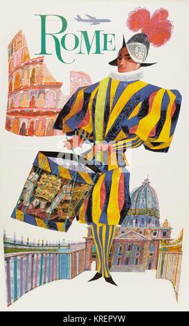 'During the heyday of airline travel of the 1950's and 1960's, a series of travel posters were issued to entice travelers to exotic destinations.  This is one a series of posters from a now defunct airline.  This gorgeous travel poster was meant to entice travelers to take a flight out to Rome to see historic sights, such as the Colosseum and the Spanish Guard, from the Vatican.  Art by David Klein.' Stock Photo