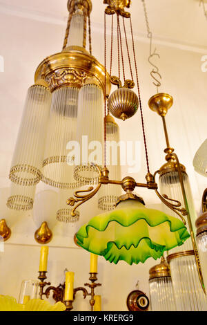 Antique lighting glass chandeliers in shop, central Athens, Greece Stock Photo