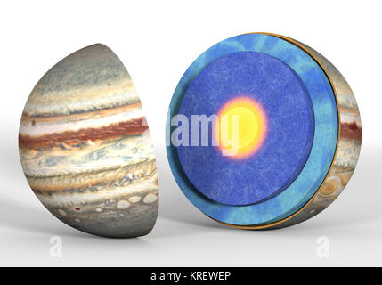 This image represents the internal structure of the Jupiter planet. It is a realistic 3d rendering