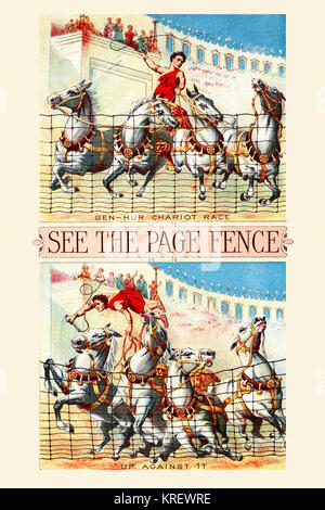 'Victorian trade card for the Page Fence.  The card finds humor in showing the famous chariot race of Ben Hur running into the strenght of the fence and stopping everything.  ''Ben-Hur chariot race, Up against it.''' Stock Photo