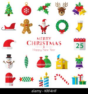 Set of christmas icons on white background  in vector illustration. Icon of bell, stocking, christmas tree, reindeer, present, Santa Claus, snowman. T Stock Vector