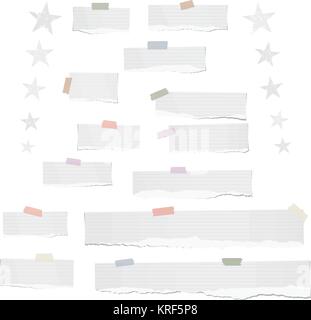 White ripped lined note, notebook paper strips for text or message stuck with colorful sticky tape on white background with stars Stock Vector