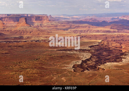 Aerial view of steep canyons from the top of a high mesa, Island In The Sky, Canyonlands National Park, Utah, USA Stock Photo