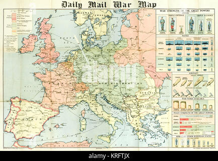 A fold out war map issued by the Daily Mail in the early weeks of the First World War.  The map offers statistics regarding the manpower strength of each of the warring nations, as well as the number of battleships and food stores each had.  While the Triple Entente of Britain, France and Russia could boast 9,380,000 men (of which Britain comprised just 380,000), the Triple Alliance numbered 9,500,000.  The map was intended to be marked with Philips' flag pins in 'ten different colours' so that civilians could chart the progress of the campaign.       Date: 1914 Stock Photo