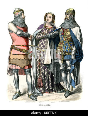 Vintage engraving of English Knights and lady of the 14th Century Stock Photo