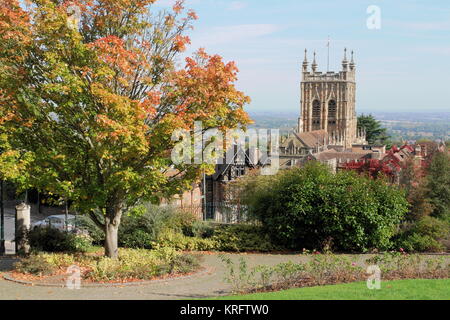 The church of Great Malvern Priory, Malvern, Worcestershire, parts of which date back to the 11th century.  Originally a Benedictine monastery, it is now a Grade I listed Anglican parish church. Stock Photo