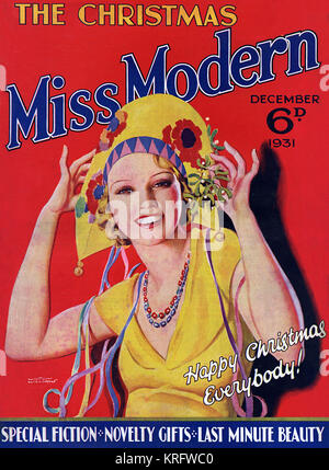 Front cover of the Christmas number of Miss Modern magazine featuring a young woman in a brightly coloured paper party hat.     Date: 1931 Stock Photo