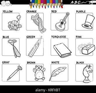 Black and White Cartoon Illustration of Basic Colors Educational Workbook Set for Children with Objects Stock Vector