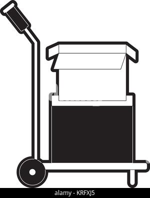 hand truck with cardboard boxes stacked and one opened in black silhouette Stock Vector