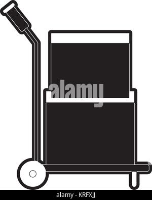 hand truck with cardboard boxes stacked and sealed in black silhouette Stock Vector