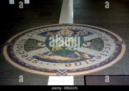 foyer tiles Roman Catholic Coat of arms of the Archdiocese of Glasgow St Andrew's Cathedral, Dunlop Street, Glasgow, United Kingdom Stock Photo