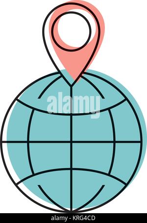world globe and map pointer on top in watercolor silhouette Stock Vector