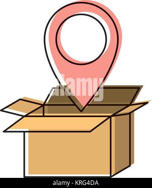 opened cardboard box with map pointer on top in watercolor silhouette Stock Vector