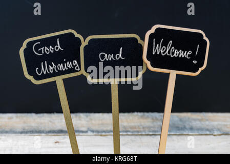 Greeting message Good Morning and Welcome written with chalk