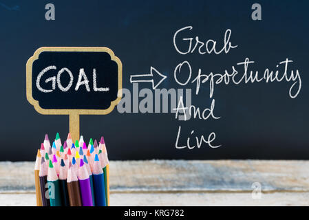 Business Acronym GOAL Grab Opportunity and Live written with chalk on wooden mini blackboard labels Stock Photo