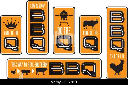 Set of six Barbecue emblems. Vector Barbecue designs featuring cow, pig, chicken, grill, and crown illustrations. Stock Vector