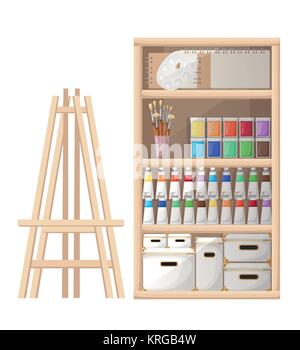 Cartoon style tools and materials for painting and creature sketchbook brushes easel palette and tube of paint vector illustration isolated on white b Stock Vector
