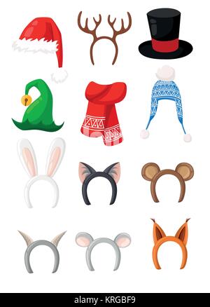 New Year hats set of santa,rabbit,cat,bear,fox,deer for masquerade costumes holiday headdress elements vector icons illustration isolated on white bac Stock Vector