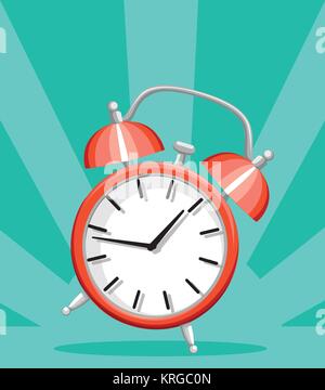 Red alarm clock wake-up time flat style vector illustration isolated on turquoise background website page and mobile app design. Stock Vector