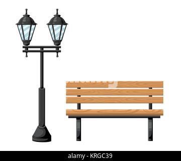 Outdoor wood bench and metal street light front view object for park cottage and yard vector illustration isolated on white background website page an Stock Vector