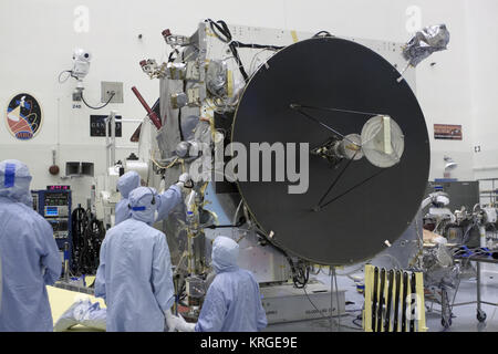 Engineers working on the high-gain antenna of the MAVEN spacecraft, Stock Photo